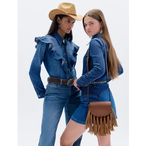 Kot Gömlek Fırfır Detaylı Uzun Kollu Düğmeli Bol Kalıp