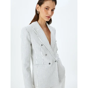 Düğmeli Cepli Kruvaze Çizgili Blazer Ceket