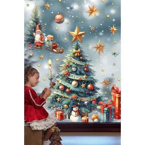 Süslü Yılbaşı Ağacı  Paketleri Yıldızlar Çam Ağacı Yeni Yıl  Yılbaşı Süsü Cam Duvar Sticker Seti