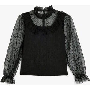 Bluz Balon Kollu Tül Detaylı Dik Yaka