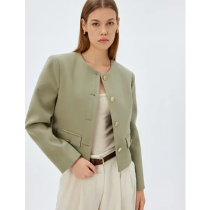 Crop Blazer Ceket Yakasız Kapaklı Çift Cep Detaylı Slim Fit