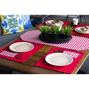 Tropik Home 6'lı Kırmızı Supla Takımı Amerikan Servis Supla ve Runner Seti 6 Kişilik Ekose Desen ve Masa Sunum Set