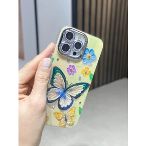 Paladyum Case iPhone 15 Pro Uyumlu Lens Korumalı Simli Kelebekli Çiçekli Kılıf
