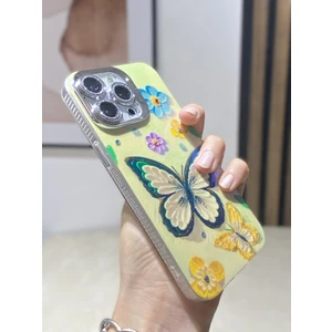 Paladyum Case iPhone 15 Promax Uyumlu Lens Korumalı Simli Kelebekli Çiçekli Kılıf