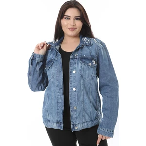 Kadın Büyük Beden Mavi Inci ve Taş Işli Kot Mont 65N38495