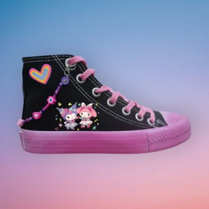 Lias Shoes Boncuk Işlemeli Tatlı Kuromili Baskılı Siyah Keten Çocuk Spor Ayakkabı Sneaker
