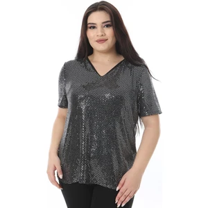 Kadın Büyük Beden Gümüş V Yakalı Payetli Bluz 65N38510
