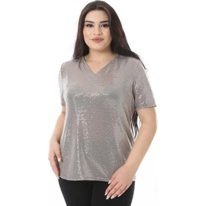 Kadın Büyük Beden Vizon V Yakalı Payetli Bluz 65N38510