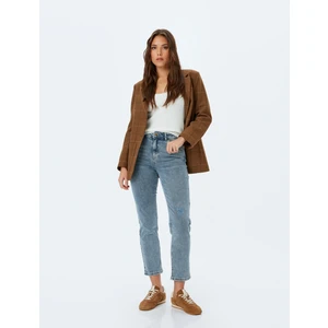 Düz Paça Normal Bel Düğmeli Cep Detaylı Kot Pantolon - Straight Fit Jean