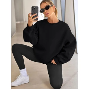 Kadın Bisiklet Yaka Basic Oversize Sweatshirt Siyah