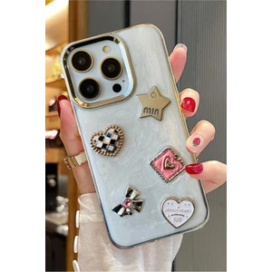 3gen Case Iphone 14 Pro Uyumlu 3D Taş Kurdele Kelebek Kalp Işleme Motifli Sert Kapak