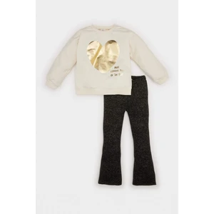 Kız Bebek 2'li Takım Bisiklet Yaka Parlak Kalp Baskılı Sweatshirt İspanyol Paça Tayt D6256A524WN