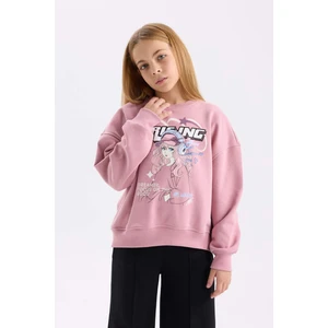 Kız Çocuk Oversize Geniş Kalıp Bisiklet Yaka Baskılı Sweatshirt D6989A824WN