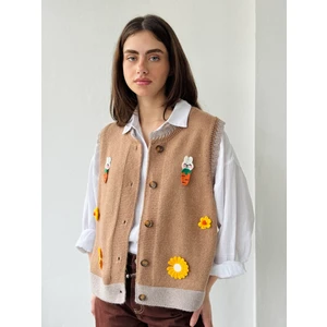 Tasarım Nakışlı Tavşan Ayçiçeği Kabartmalı Simli Yelek Kadın Turuncu