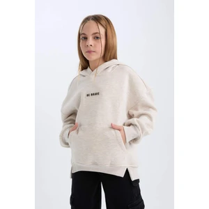 Kız Çocuk Oversize Geniş Kalıp Kapüşonlu Baskılı İçi Yumuşak Tüylü Sweatshirt D6185A824WN