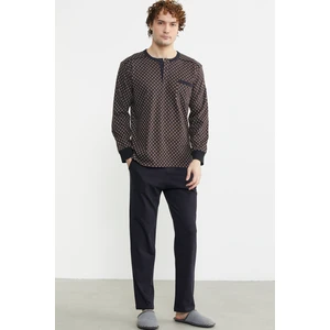 Desen Kombinli Cepli Pijama Takım - Kahve