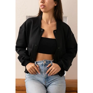 Siyah Dalgıç Kumaş Çift Cepli Bomber Ceket