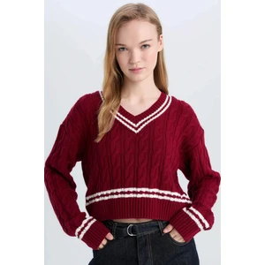 Coool Regular Fit V Yaka Saç Örgülü Çizgili Triko Kazak C7321AX24WN