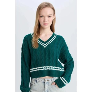 Coool Regular Fit V Yaka Saç Örgülü Çizgili Triko Kazak C7321AX24WN