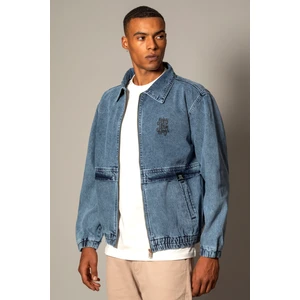 Little Cup Jeans Co Oversize Buz Mavi Yıkama Baskılı  Erkek Fermuarlı Bomber Kot Ceket