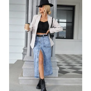 Pass&pass 2102-ETK Kadın Likralı Önden Düğmeli Jeans Kot Denim Uzun Etek