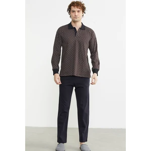 Polo Yaka Desen Kombinli Pijma Takım - Kahve