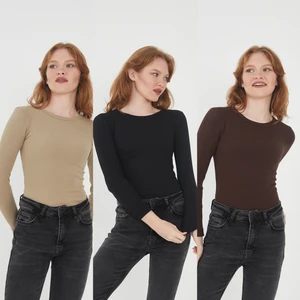 Kadın 3'lü Bisiklet Yaka Uzun Kollu Fitilli Bluz Set