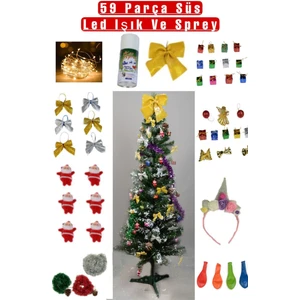 Yılbaşı Çam Ağacı Seti 120 CM + 59 PARÇA SÜS + LED IŞIK + KAR SPREYİ + TEPELİK FİYONK + SİMLİ ŞERİT SÜSÜ