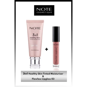 Note Cosmetics 3 İn 1 Tinted Ton Eşitleyici 50 Spf Krem & Flawless Lipgloss Ruj 03 - Pembe Makyaj Seti