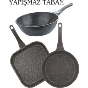 Granit Wok Tava + 2'li Frapan Kare Tava Seti (28 cm Grill, 26CM )- Gri