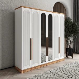 Ücretsiz Montaj - %100 MDF Rosa 6 Kapaklı Aynalı Atlantik Çam Beyaz Gardırop - MDF Dolap - Elbise Dolabı