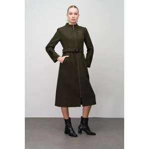 Deri ve Işleme Detaylı Yün Karışımlı Kap Haki 6630