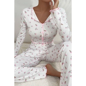 Bella Notte V Yaka Baskılı Fiyonk Detaylı Uzun Pijama Takımı