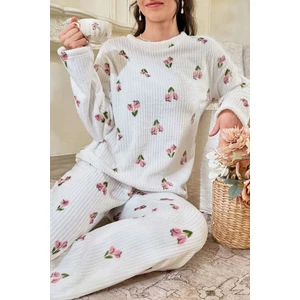 Çiçek Desenli Fitilli Pamuklu Uzun Pijama Takımı