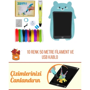 Sarı 3D Pen Üç Boyutlu Yazıcı Kalem ve Grafik Yazı Tableti Set (10 Adet 5 Metre Filament USB KABLO Dahil)
