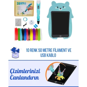 Mavi 3D Pen Üç Boyutlu Yazıcı Kalem ve Grafik Yazı Tableti Set (10 Adet 5 Metre Filament USB Kablo Dahil)