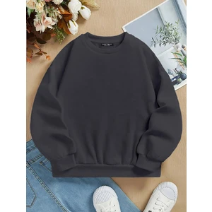 Oversize Bisiklet Yaka Basic Düz Sweatshirt - Füme