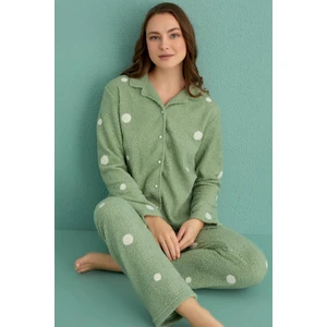 Kadın Uzun Kol Önden Düğmeli Buklet Mint Pijama Takım C1T1N4O01-13