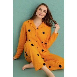 Kadın Uzun Kol Önden Düğmeli Buklet Sarı Pijama Takım C1T1N4O01-12