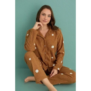 Kadın Uzun Kol Önden Düğmeli Buklet Kahverengi Pijama Takım C1T1N4O01-9