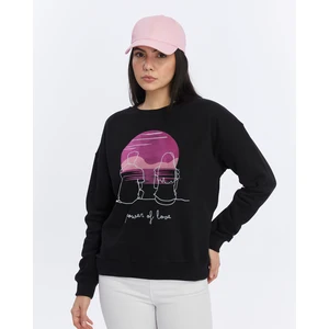 Kaf Kumaş Kadife Gün Batımı Desenli Siyah Yumuşak Dokulu Regular Fit Bisiklet Yaka Kadın Sweatshirt