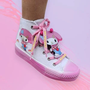 Lias Shoes Pembe Melodi Baskılı Beyaz Keten Bağcık Detay Tasarım Çocuk Spor Ayakkabı Sneaker