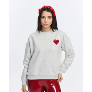 Kaf Kumaş Kadife Kalp Gri Melanj Yumuşak Dokulu Regular Fit Bisiklet Yaka Kadın Sweatshirt