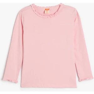 Basic T-Shirt Uzun Kollu Fırfır Detaylı Bisiklet Yaka Pamuklu