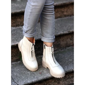 En Cici Moda Bakü Gerçek Deri Ekru Fermuarlı Kadın Kauçuk Bot