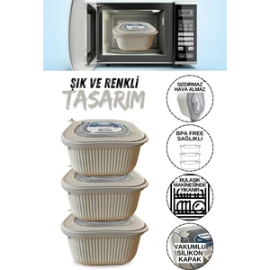 3'lü Saklama Kabı Mikrodalga Uyumlu Vakumlu Silikon Kapaklı 1800 ml Hava Geçirmez Saklama Kabı
