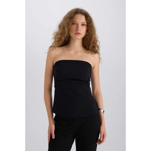 Fitted Bengalin Basic Düz Straplez Siyah Bluz E1534AX24WN