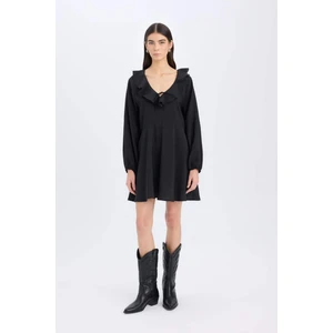 V Yaka Basic Düz Modal Uzun Kollu Siyah Mini Elbise E4213AX24WN