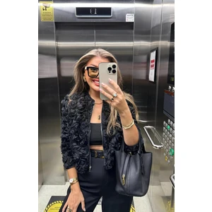 3 Boyutlu Siyah Ceket Güllü Hırka Gül