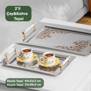 Yüzük 2li Paslanmaz Çelik Gümüş Kahve Tepsisi Gold Beyaz Desenli Dekoratif Servis Sunum Tepsisi